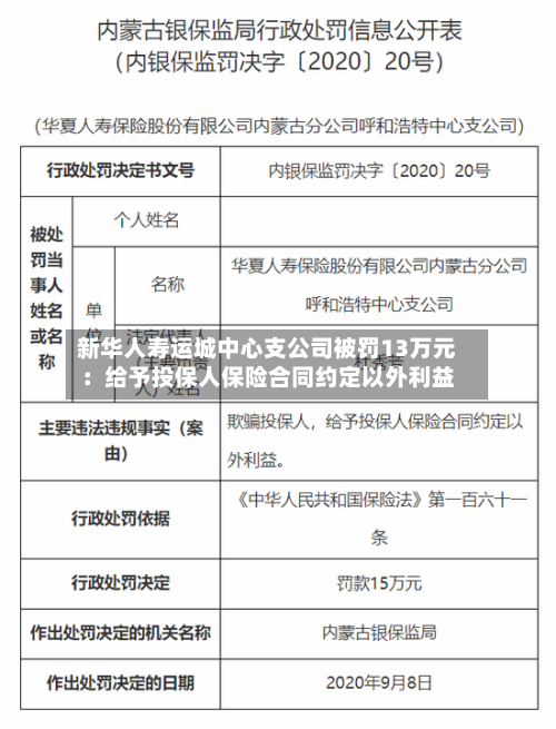新华人寿运城中心支公司被罚13万元：给予投保人保险合同约定以外利益