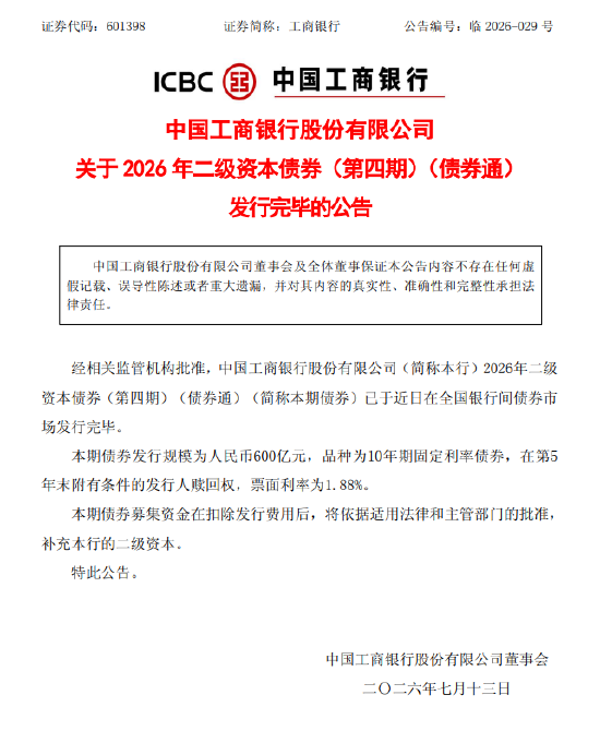 工商银行：600亿元二级资本债券（第四期）发行完毕