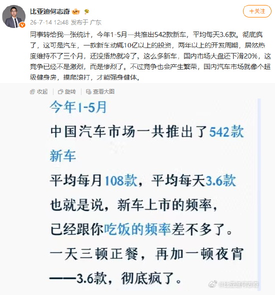 中国汽车市场5个月推出542款新车，比亚迪高管：彻底疯了