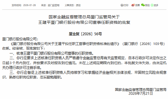 王建平获批担任厦门银行董事